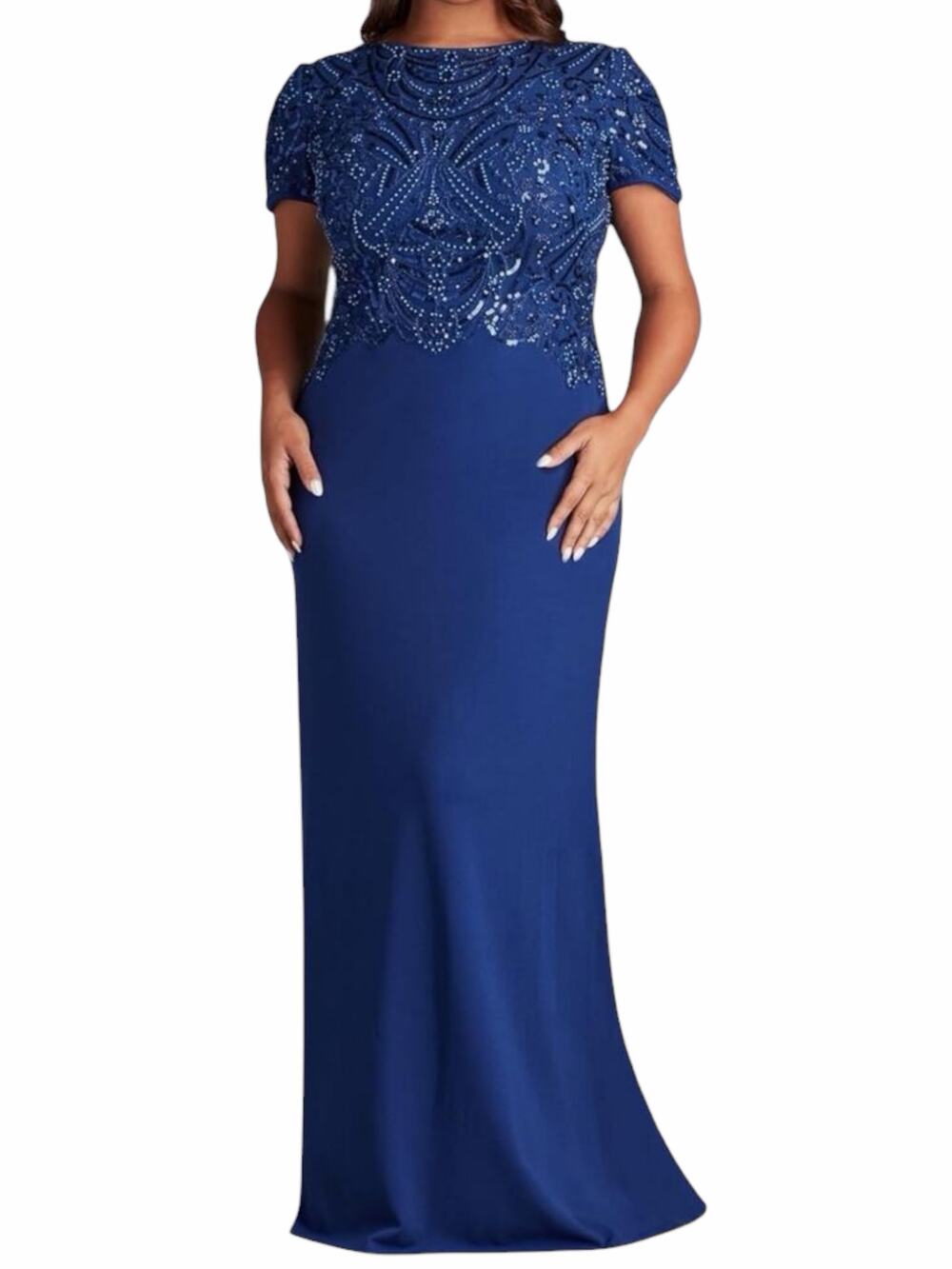 Tadashi Shoji Too Edry Embellished Crepe Gown Blue Size 16Q